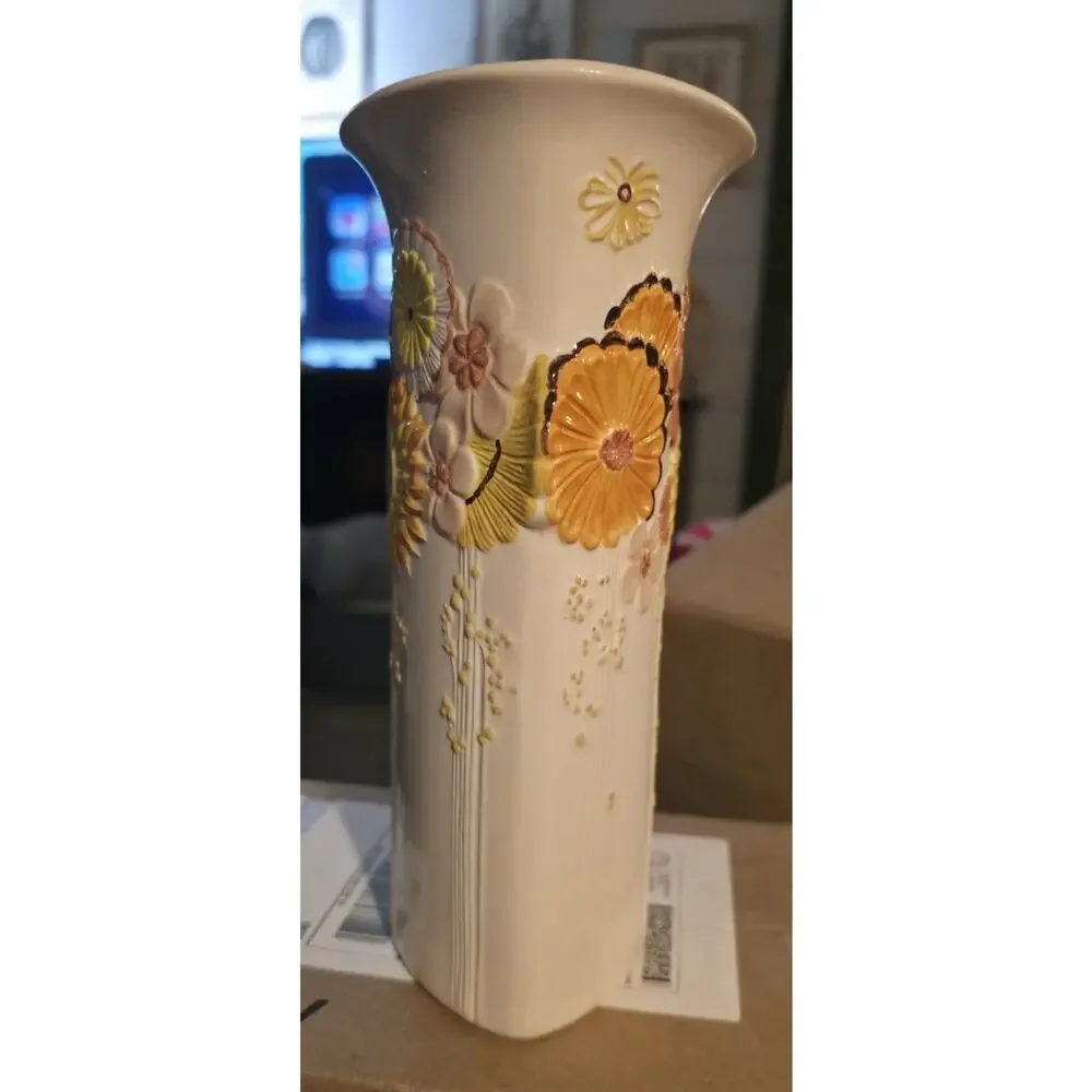 Vintage Kaiser W Germany Bisque Floral Relief Vase Hand Painted MCM Boho